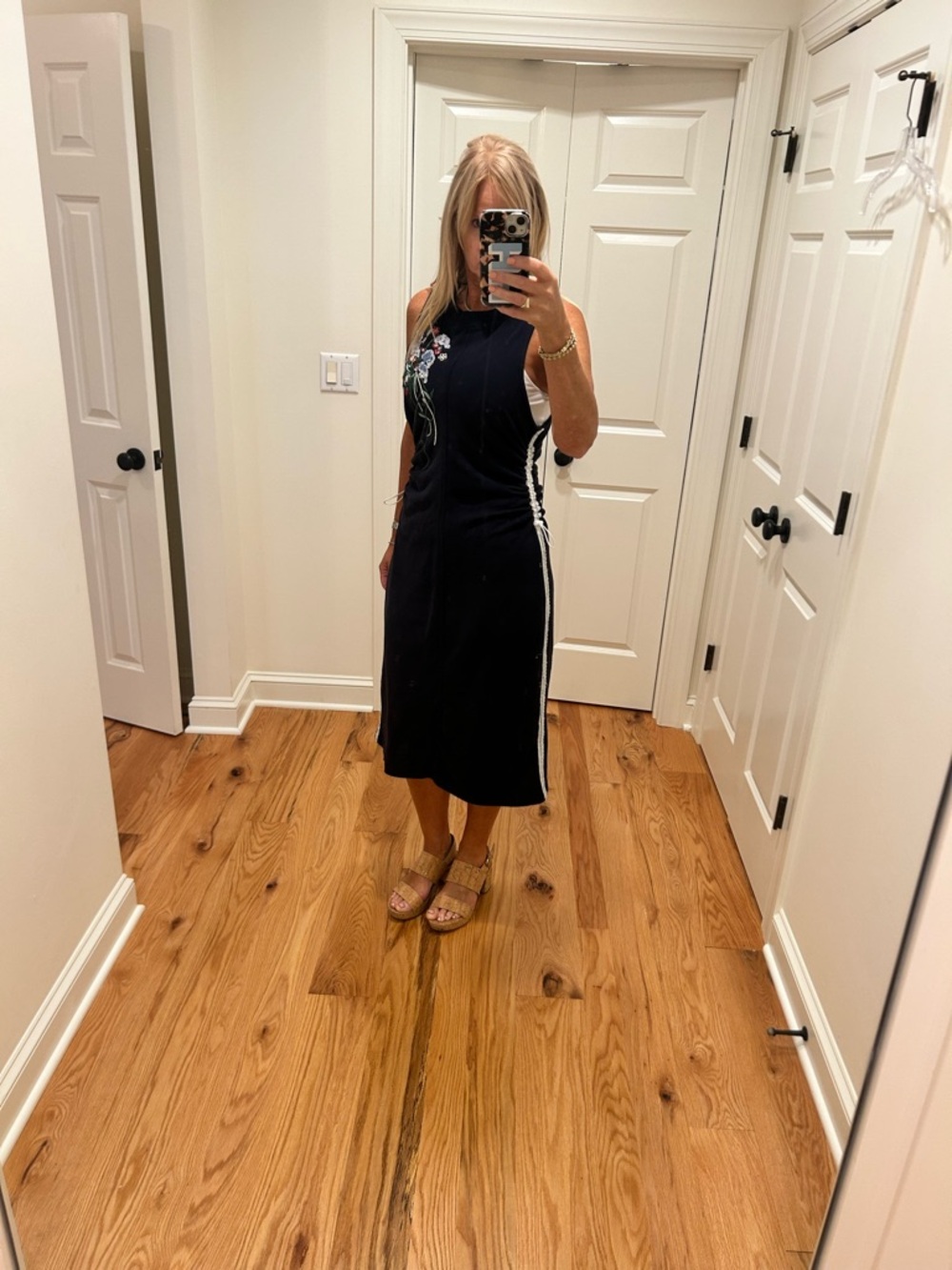 Anthropologie M Midi Dress with Floral Embroidery and Side Stripes